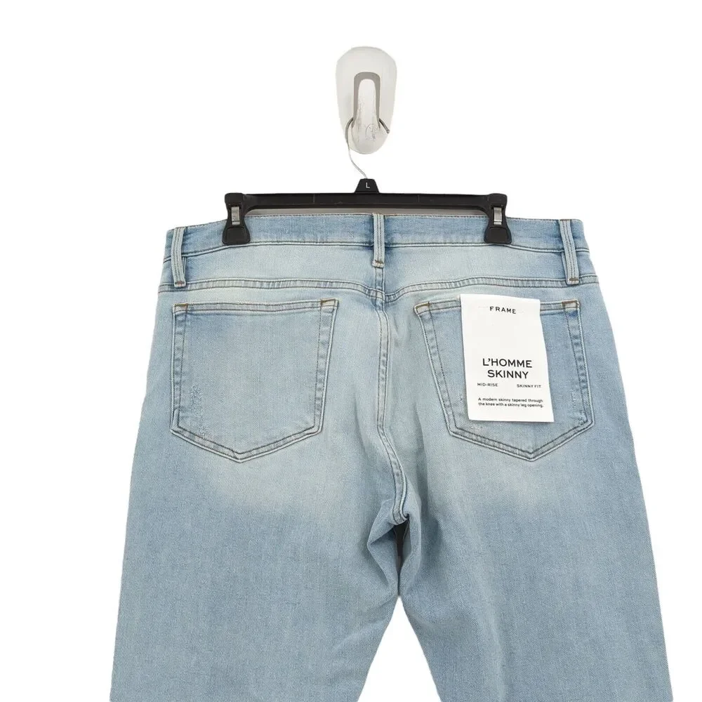 FRAME Men 32 L'Homme Jeans Tubman Blue Skinny Denim Distressed Whisker Mid Rise